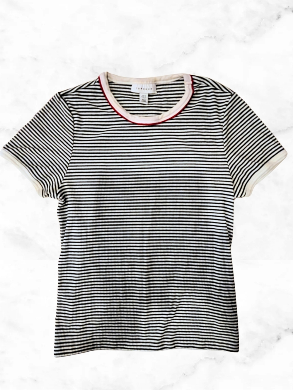 Topshop Black and White Striped Tee with Red Trim